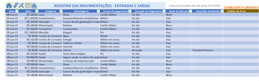 Registro das movimentações