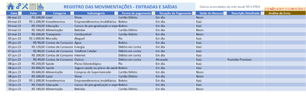 Registro das movimentações