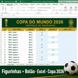 Miniatura de uma planilha Excel para controle de figurinhas da Copa do Mundo 2026, com acompanhamento do álbum e bolão de palpites.